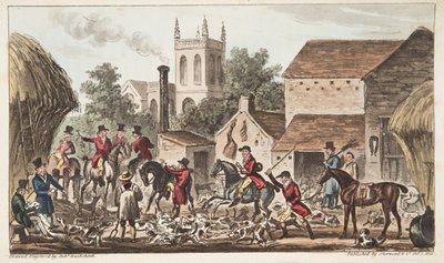 Går ut; En vy av Berkeley Hunt Kennel, från The English Spy publicerad 1824, (handfärgad gravyr) av Isaac Robert Cruikshank