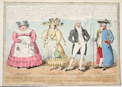 Hushållstrupper, eller en skiss över några av de främsta pålitliga och konfidentiella hemmen hos värdiga och förtroendefulla familjer, 1827 (handfärgad gravyr) av Isaac Robert Cruikshank