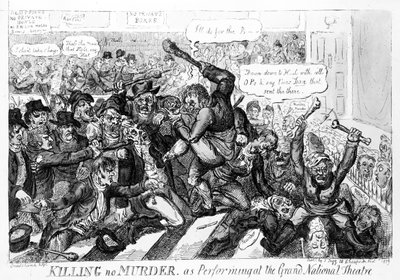 Killing no Murder, som optrædende på Grand National Theatre, 1809 swed av Isaac Robert Cruikshank