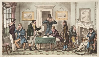 Morning and in Low Spirits, en Lock Up-scen i ett Spunging House, Carey Street, a bit of Good Truth, från The English Spy, publicerad London, 1824 av Isaac Robert Cruikshank