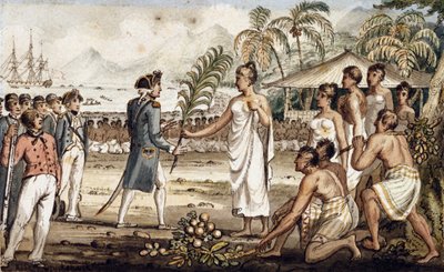 Oatehite, illustration från "The Voyages of Captain Cook" av Isaac Robert Cruikshank