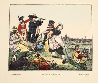 Pastimes of Primrose Hill, 1791 (handfärgad gravyr) av Isaac Robert Cruikshank