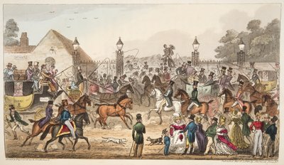The Arrival, eller Western Entrance into Cockney Land, från The English Spy publicerad 1824, (handfärgad gravyr) av Isaac Robert Cruikshank