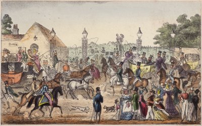 The Arrival, eller Western Entrance to Cockney Land (färgad gravyr) av Isaac Robert Cruikshank