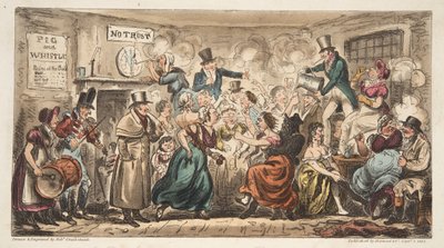 The Buff Club på Pig and Whistle, Avon Street, Bath, från The English Spy, pub. London, 1824 (handfärgad gravyr) av Isaac Robert Cruikshank