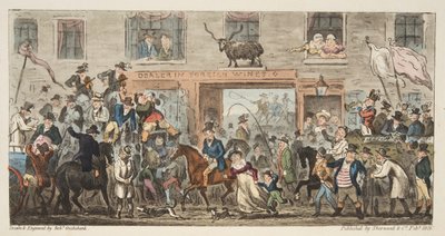 Den komiska processionen från The English Spy, pub. 1824 (handfärgad gravyr) Gloucester till Berkeley, från The English Spy, pub. 1824 (handfärgad gravyr) av Isaac Robert Cruikshank