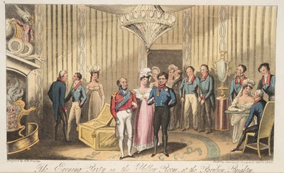 The Evening Party at the Pavilion, Brighton, från The English Spy, pub. 1824 (handfärgad gravyr) av Isaac Robert Cruikshank