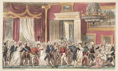 Kvällen i det runda rummet; eller en Squeeze på Carlton Palace, från The English Spy, pub. 1824 (handfärgad gravyr) av Isaac Robert Cruikshank