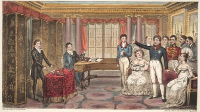 The King at Home, eller Mathews at Carlton House, från The English Spy, av Charles Westmacott, publicerad 1824 (handfärgad gravyr) av Isaac Robert Cruikshank