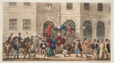 The Post Office Bristol, Arrival of the London Mail, från The English Spy, publicerad London, 1824 av Isaac Robert Cruikshank