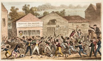 The Tea Pot Row at Harrow, eller Battle of Hog Lane, från The English Spy, pub. 1824 (handfärgad gravyr) av Isaac Robert Cruikshank