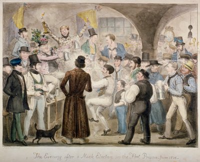 "Kvällen efter ett skenval i flottans fängelse, juni 1835" av Isaac Robert Cruikshank