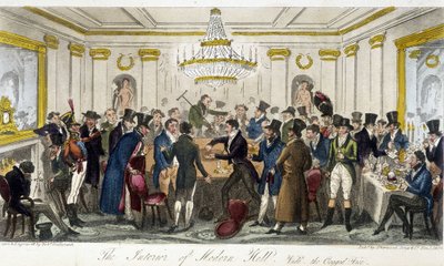 Interiören i Modern Hall - i "" The English Spy"" av Charles Molloy Westmacott, teckning av Robert Cruikshank, London Edition av Isaac Robert Cruikshank