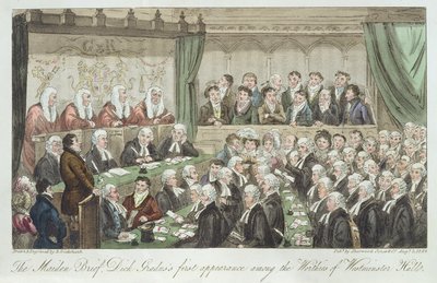 The maiden brief, Dick Gradus första framträdande bland de värdaste i Westminster Hall, publicerad 1824. av Isaac Robert Cruikshank