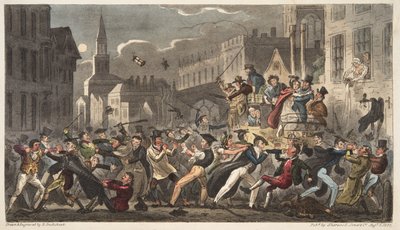Town and Gown, från The English Spy, pub. 1824 (handfärgad gravyr) av Isaac Robert Cruikshank