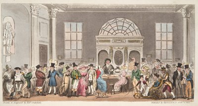 Välkända besökare till Pump Room, Bath, tar en klunk med King Bladud, från The English Spy, pub. 1824 (handfärgad gravyr) av Isaac Robert Cruikshank