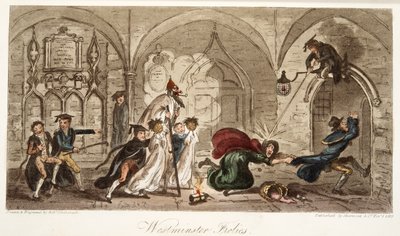 Westminster Frolics, från The English Spy, pub. 1824 (handfärgad gravyr) av Isaac Robert Cruikshank