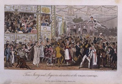 Tom, Jerry och Logic i karaktärer på Grand Carnival, från "Life in London" av Pierce Egan av Isaac Robert and George Cruikshank