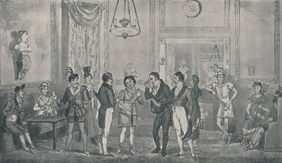 The Green Room på Drury Lane Theatre, 1821, 1920. Konstnärer: Isaac Robert Cruikshank, George Cruikshank. av Isaac, Robert and George Cruikshank