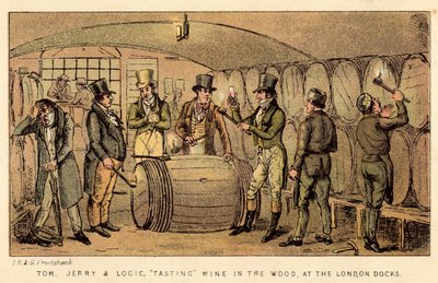 Tom, Jerry och Logic, provsmakar vin i skogen, vid London Docks av Isaac, Robert and George Cruikshank