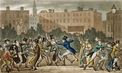 Tom, Jerry och Logic Involved in a Night Fight, från "Life in London" av Pierce Egan (1772-1849), 1821-22 (färgad akvatint) av Isaac, Robert and George Cruikshank