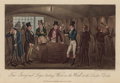 Tom, Jerry och Logic "provsmakar" vin i skogen vid Londons hamn. av Isaac, Robert and George Cruikshank
