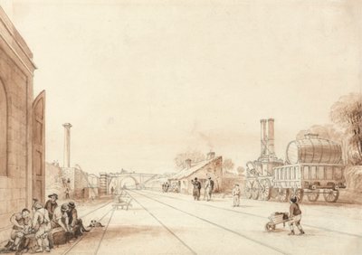 Utsikt över Liverpool och Manchester Railway med loket "Tvillingsystrar" i en sidovägg av Isaac Shaw