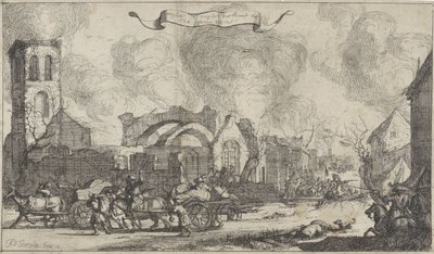 Franska trupper marscherar plundrande och skjutande genom ruinerna av byn Nigtevecht, 1672 Serie med tretton bilder av byar och slott i provinsen Utrecht som förstördes av fransmännen 1672 (serietitel) av Isaac Sorious