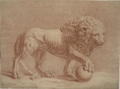 Lion vände sig åt höger med sin högra tass på en jordglob av Isaac Taylor