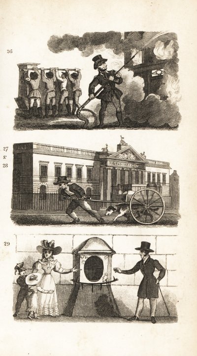 Brandbilen, ritning av varor på en lastbil, East India House och London Stone av Isaac Taylor