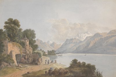 Bergigt landskap med sjö, port och figurer av Isaac Weld