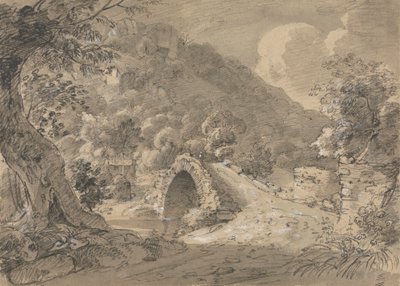 Bergigt landskap med bro och hus av Isaac Weld