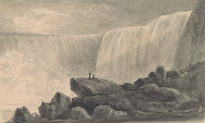 Vy över Niagarafallen med två figurer som sitter på en klippa i förgrunden av Isaac Weld