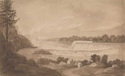 Utsikt över Niagarafallen med fallen i bakgrunden, höger och landskap med hus i förgrunden av Isaac Weld