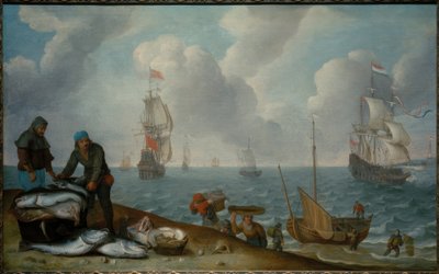 Fiskare med fångst på stranden, krigsfartyg i en vik av Isaac Willaerts