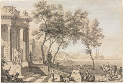 Fantastisk hamnscene med arkitektur och figurer, 1713. av Isaac de Moucheron