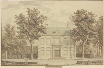 Trädgårdsanläggning med idegranshäck och ett hus mellan två träd av Isaac de Moucheron