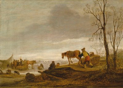 Ett vinterlandskap med figurer på en frusen flod av Isaac van Ostade