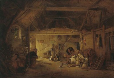 Tyska: Scheuneninterieur En ladugårdsinteriör med två barn som äter och en man som arbetar av Isaac van Ostade