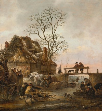 Vinterlandskap med en stuga nära en bro av Isaac van Ostade