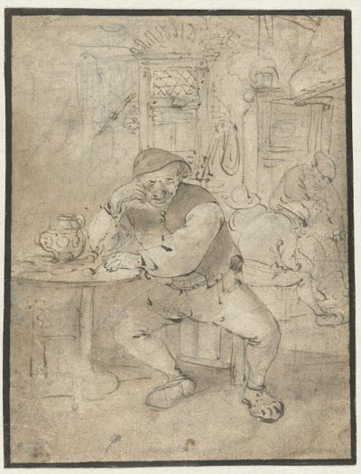 Sittande bonde, lutad mot ett bord av Isaac van Ostade