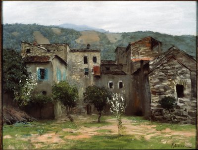 Nära Bordighera, i norra Italien. (Nära Bordighera. I norra Italien). Beskrivning av en grupp byggnader i Ligurien. Verk av Isaak (Isaac) Ilyich Levitan (1860-1900), pastell på papper av Isaak Ilyich Levitan