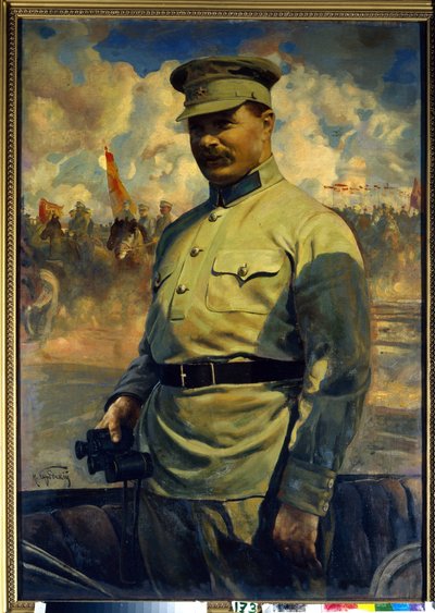 Porträtt av bolsjevikledaren Mikhail Vasilyevich Frunze (1885-1925). (Porträtt av bolsjevikledaren M. V. Frunze). Målning av Isaak Izrailevich Brodsky (Brodsky) (1884-1939), olja på duk av Isaak Israilevich Brodsky