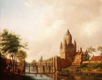 En vy av Kleine Houtpoort (Small Gateway) i Haarlem med Grote Houtpoort (Great Gateway) i bakgrunden av Isaac Ouwater