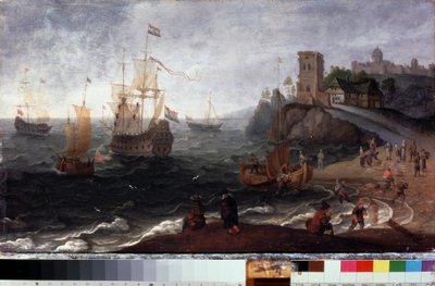 Fiskmarknad på stranden (fiskmarknad vid havet). Målning av Isaac Willaerts (1620-1693). Olja på trä, 35,5 x 67 cm, ca 1640. Holländsk konst från 1600-talet. Statens museum för historia och konst, Serpukhov (Ryssland). av Isaak Willaerts