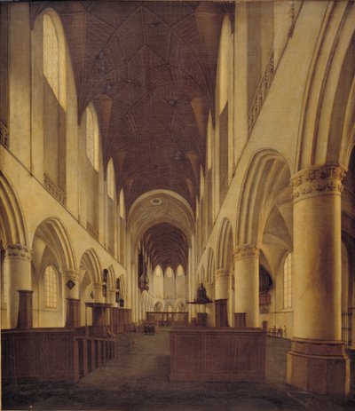 Interiör av St Bavo-kyrkan i Haarlem. Utsikt från långhuset mot kören av Isaak van Nickelen
