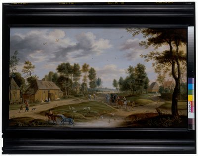 Dorflandskap med en vagn av Isaak van Oosten