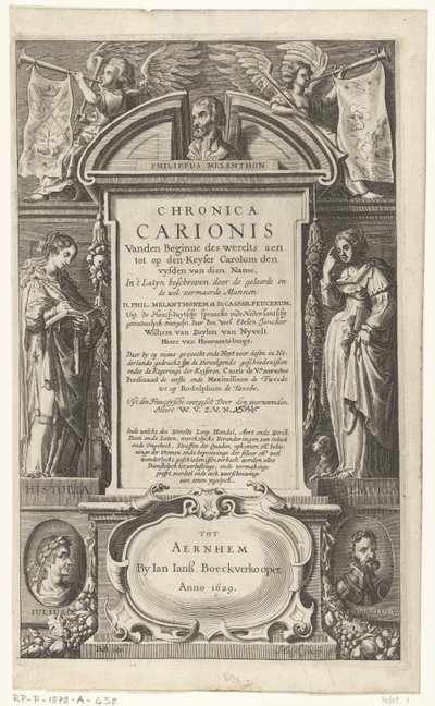 Titelsida för Chronica Carionis av P. Melanchthon Chronica Carionis från världens början aen tot den Keyser Carolum (titel på objekt) av Isaeck van Aelst