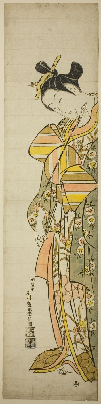 Courtesan som håller ett långt rör av Ishikawa Toyonobu