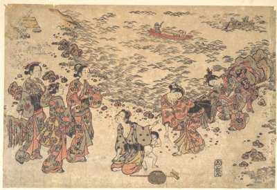 Kvinnor och en liten pojke som samlar snäckor på en strand vid havet av Ishikawa Toyonobu
